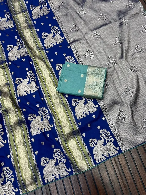 Royal_Blue_Twin_Elephant_Zari_Weave_Chinya_Tisu_Silk_Saree_With_Aqua_Contrast_Unstitched_Blouse