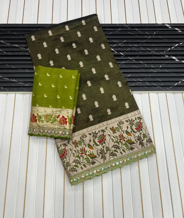 Olive_Black_Meenakari_Paithani_Tissue_Silk_Saree_With_Rich_Zari_Pallu_&_Unstitched_Embroidered_Blouse