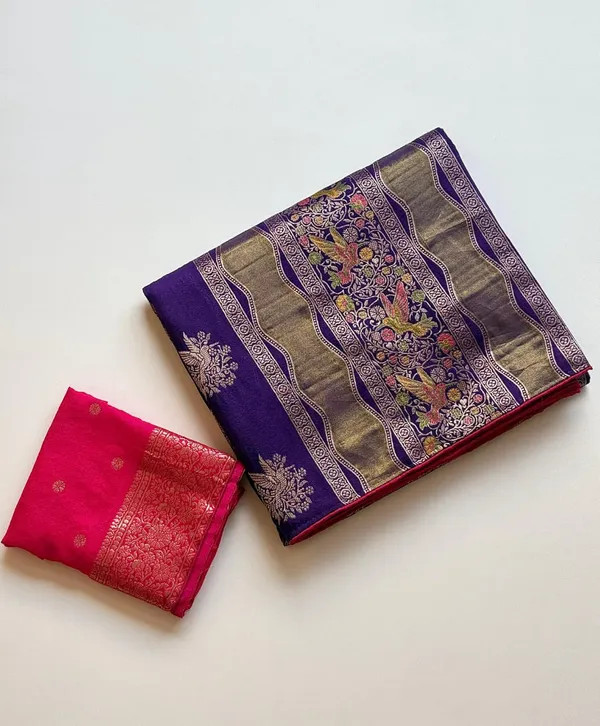 Royal_Purple_Meenakari_Bird_Motif_Chinya_Tissue_Shimmer_Crepe_Georgette_Saree_With_Rich_Pallu_Unstitched_Blouse