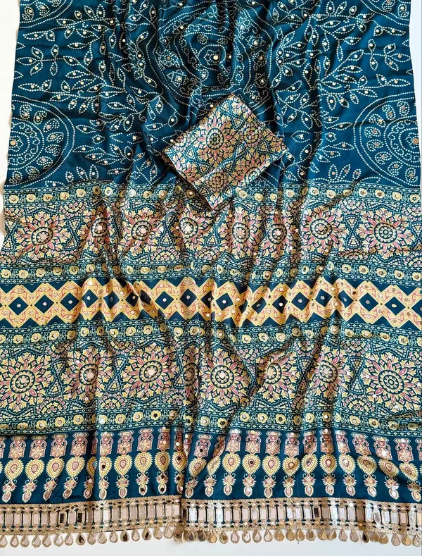 Teal_Blue_Bandhani_Mirror_Work_Crepe_Silk_Saree_With_Designer_Cutwork_Pallu_Unstitched_Blouse