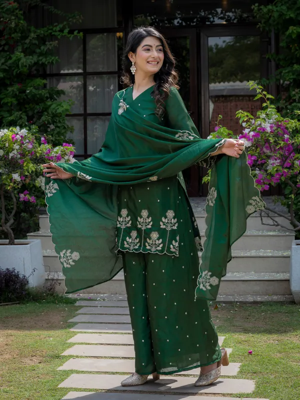 Premium_Mehendi_Green_Chinnon_Embroidered_Kurta_Pant_Dupatta_Set_For_Women