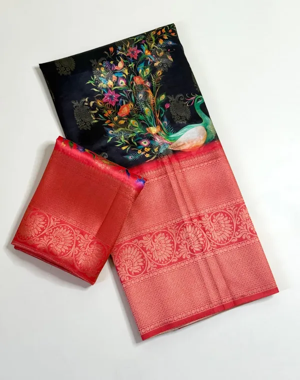 Coral_Peacock_Print_Dola_Silk_Saree_With_Jacquard_Mango_Butti_Border_And_Contrast_Unstitched_Blouse