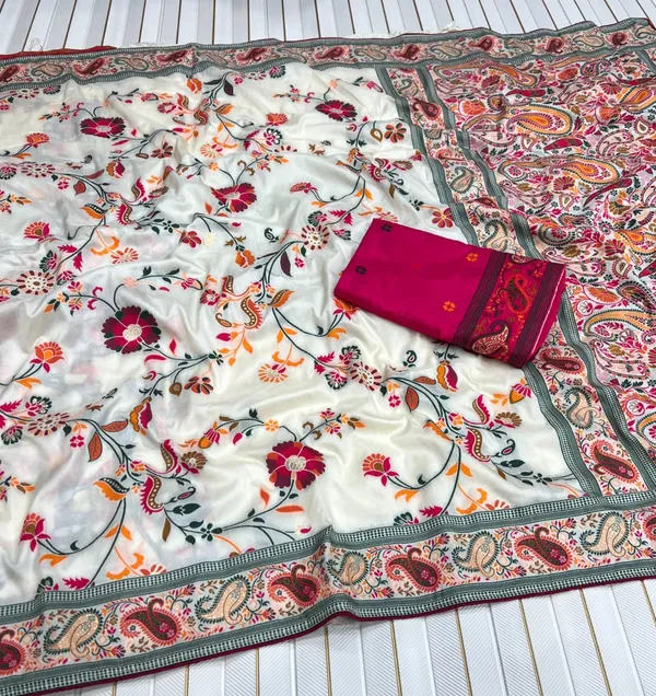 Premium_Ivory_Floral_Jaal_Rajwadi_Pashmina_Silk_Saree_With_Kashmiri_Weaving_Unstitched_Contrast_Blouse