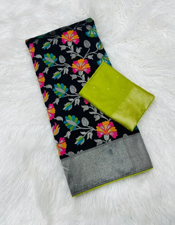 Black_Floral_Meenakari_Khadi_Crepe_Georgette_Saree_With_Silver_Border_And_Unstitched_Blouse