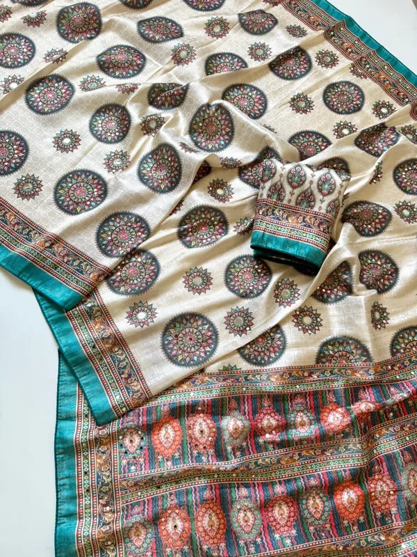Premium_Teal_Green_Mandala_Print_Dola_Silk_Saree_With_Mirror_Work_Unstitched_Blouse