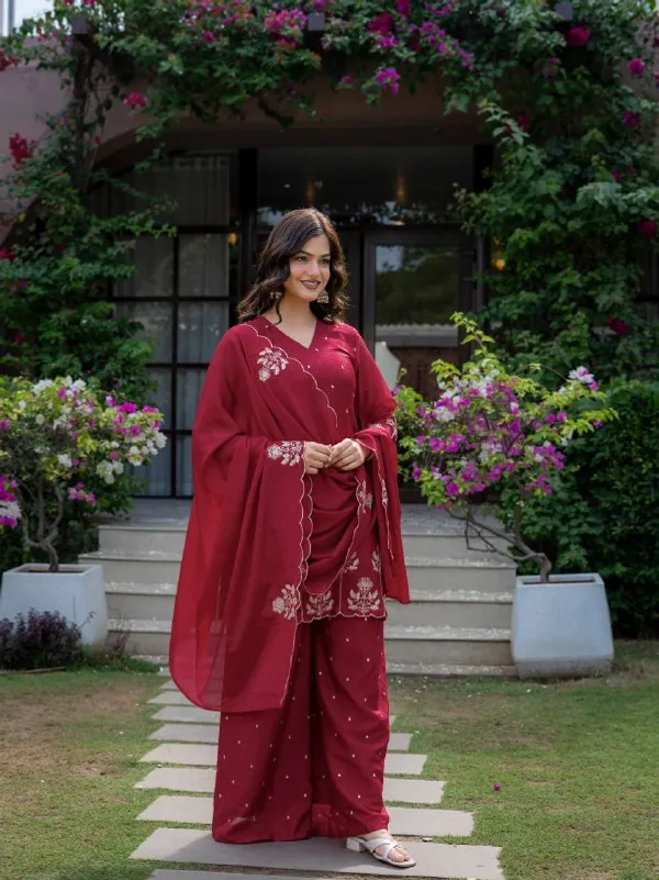 Premium_Wine_Red_Chinnon_Embroidered_Kurta_Pant_Dupatta_Set_For_Women