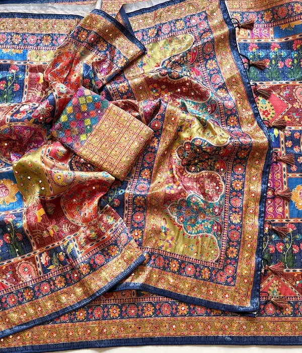Navy_Blue_Floral_Mirror_Work_Dola_Silk_Saree_With_UHD_Digital_Print_Unstitched_Blouse