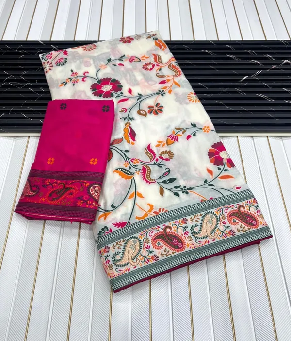 Premium_Ivory_Floral_Jaal_Rajwadi_Pashmina_Silk_Saree_With_Kashmiri_Weaving_Unstitched_Contrast_Blouse