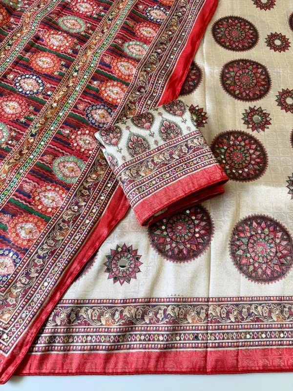 Premium_Crimson_Red_Mandala_Print_Dola_Silk_Saree_With_Mirror_Work_Unstitched_Blouse