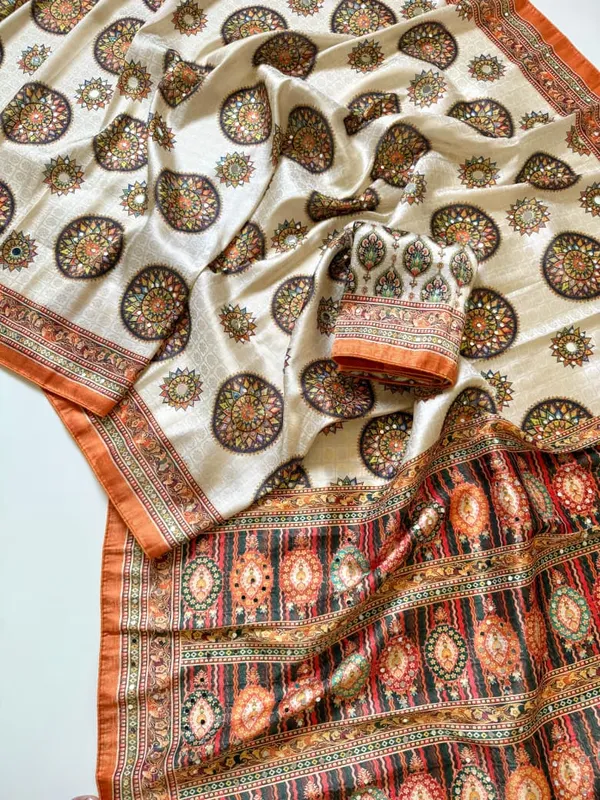 Premium_Copper_Orange_Mandala_Print_Dola_Silk_Saree_With_Mirror_Work_Unstitched_Blouse