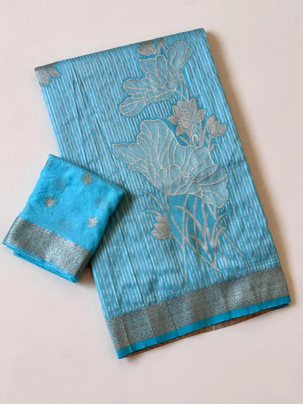 Sky_Blue_Jambo_Floral_Georgette_Saree_With_Silver_Golden_Jacquard_Weaving_Rich_Pallu_Unstitched_Blouse