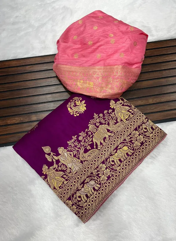Magenta_Kalamkari_Heritage_Dola_Silk_Saree_With_Contrast_Pink_Blouse_And_Unstitched_Blouse