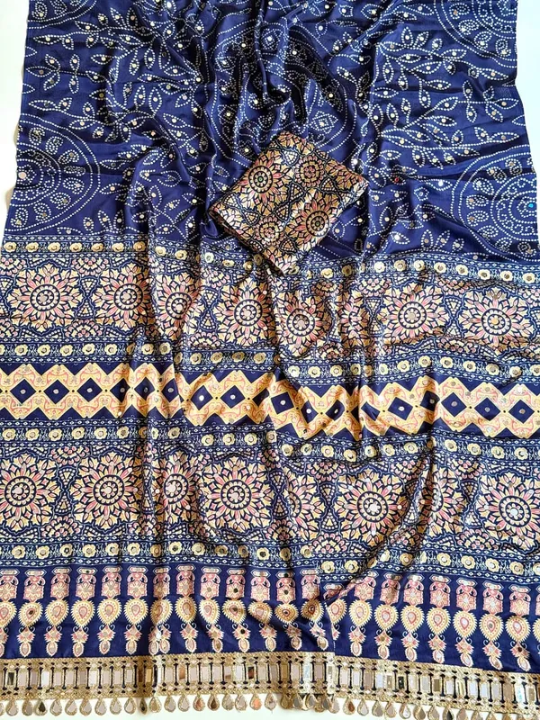Navy_Blue_Bandhani_Mirror_Work_Crepe_Silk_Saree_With_Embellished_Pallu_Unstitched_Blouse
