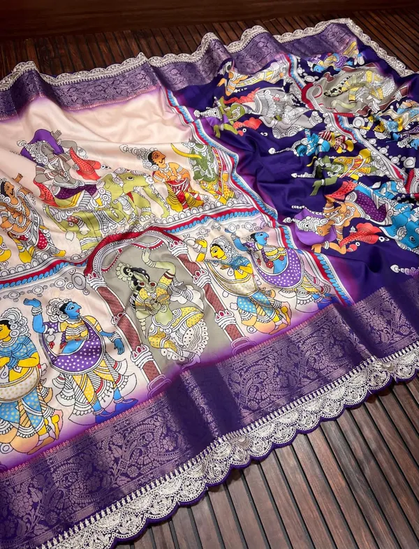 Royal_Purple_Pichwai_Kalamkari_Lichi_Silk_Saree_With_Zari_Weaving_Border_Unstitched_Blouse