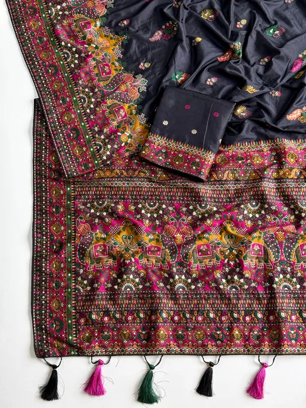 Premium_Charcoal_Black_Kashmiri_Woven_Rajwadi_Pashmina_Dola_Silk_Saree_With_Tassel_Pallu_Unstitched_Blouse