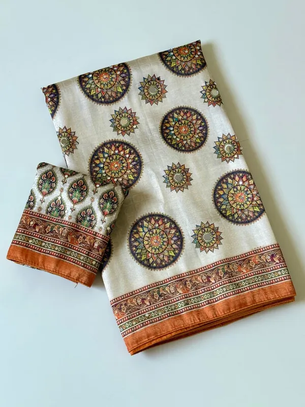 Premium_Copper_Orange_Mandala_Print_Dola_Silk_Saree_With_Mirror_Work_Unstitched_Blouse