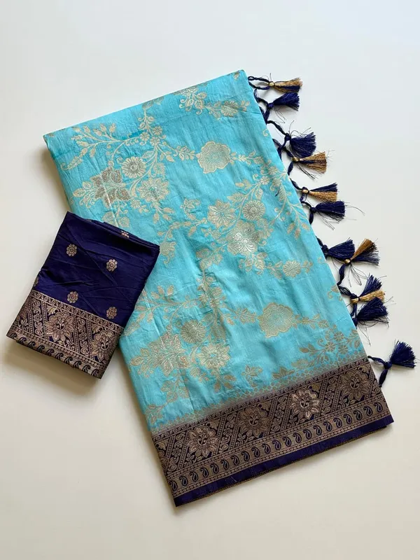 Sky_Blue_Floral_Jaal_Dola_Silk_Saree_With_Rich_Woven_Pallu_And_Unstitched_Blouse