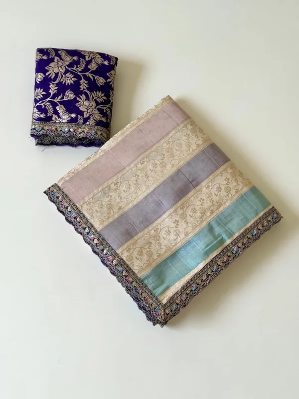 Pastel_Multicolor_Floral_Jacquard_Nylon_Viscose_Saree_With_Embroidered_Lace_Border_And_Unstitched_Dola_Silk_Blouse