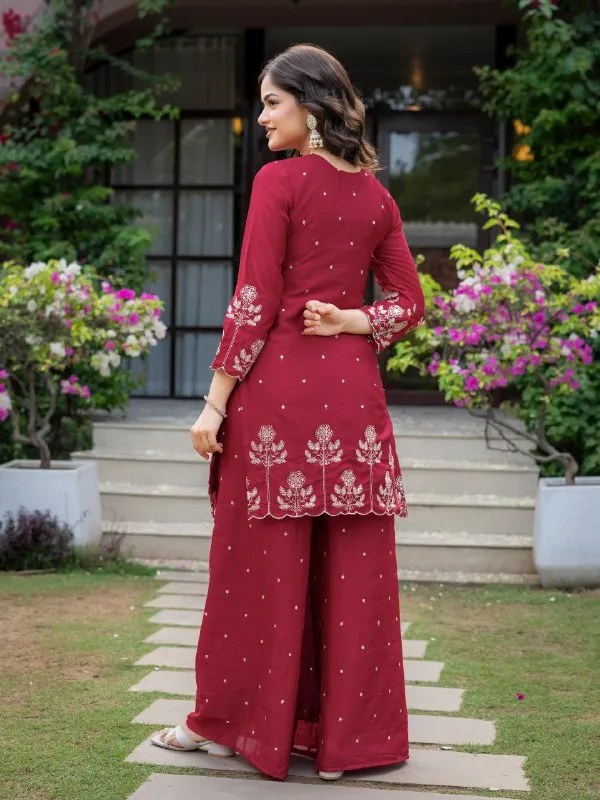 Premium_Wine_Red_Chinnon_Embroidered_Kurta_Pant_Dupatta_Set_For_Women