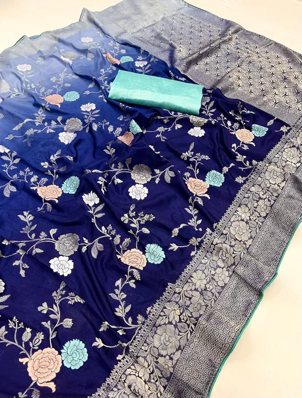 Navy_Blue_Floral_Meenakari_Kaddi_Crepe_Georgette_Saree_With_Contrast_Brocade_Blouse