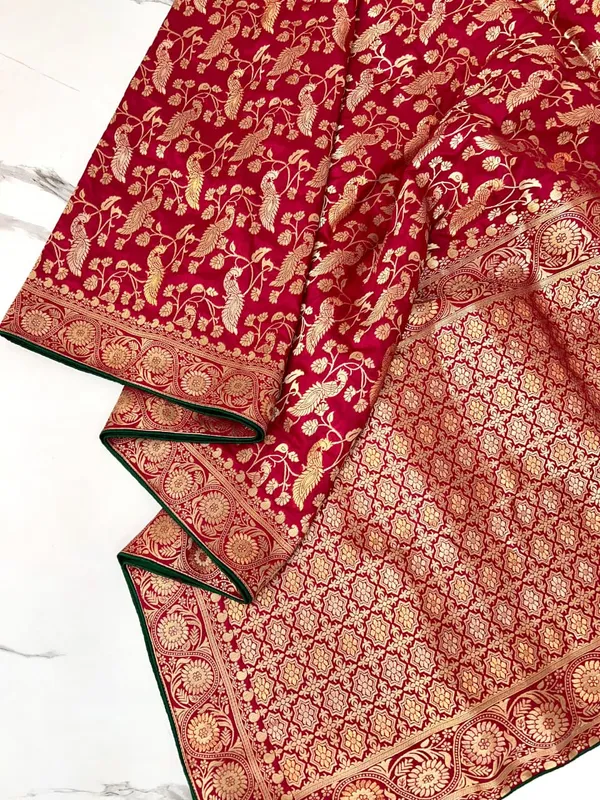 Rani_Pink_Peacock_Floral_Banarasi_Viscose_Dola_Silk_Saree_With_Rich_Zari_Meena_Pallu_And_Unstitched_Blouse