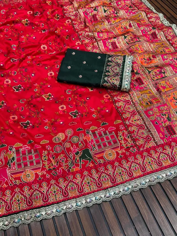 Crimson_Red_Kashmiri_Rajwadi_Pashmina_Silk_Saree_With_Heritage_Weaving_Unstitched_Blouse