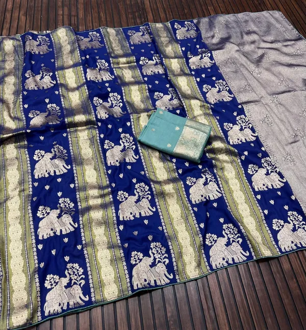 Royal_Blue_Twin_Elephant_Zari_Weave_Chinya_Tisu_Silk_Saree_With_Aqua_Contrast_Unstitched_Blouse
