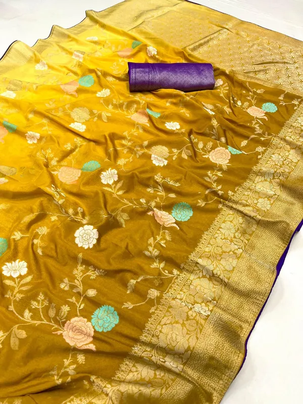 Mustard_Gold_Floral_Meenakari_Kaddi_Crepe_Georgette_Saree_With_Contrast_Brocade_Blouse