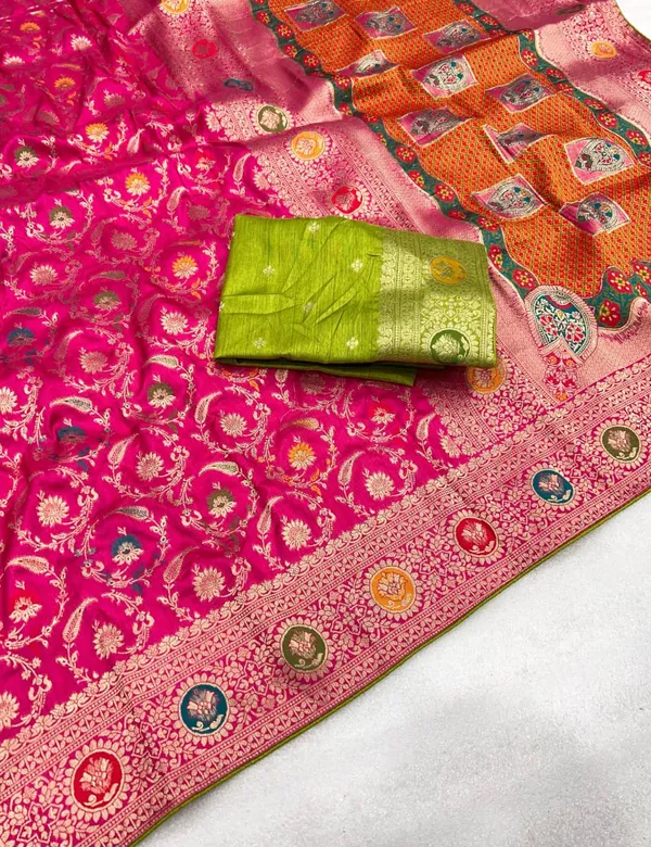 Rani_Pink_Lakhnavi_Meena_Dola_Silk_Saree_With_Jacquard_Jaal_Rich_Pallu_And_Unstitched_Blouse