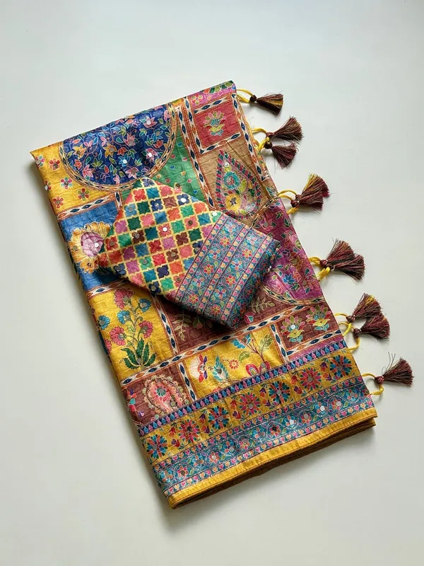 Mustard_Yellow_Floral_Mirror_Work_Dola_Silk_Saree_With_UHD_Digital_Print_Unstitched_Blouse