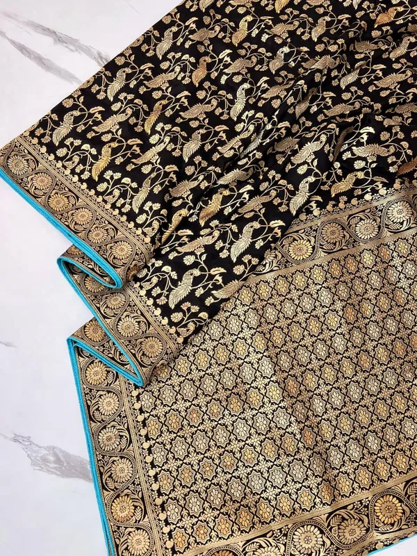 Midnight_Black_Peacock_Motif_Banarasi_Viscose_Dola_Silk_Saree_With_Rich_Zari_Pallu_And_Unstitched_Blouse