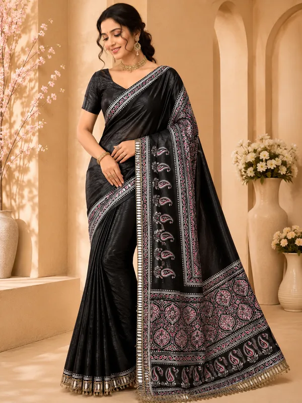 Black_Ajrak_Print_Pure_Soft_Crepe_Silk_Saree_With_Mirror_Work_Embellished_Pallu_And_Unstitched_Blouse