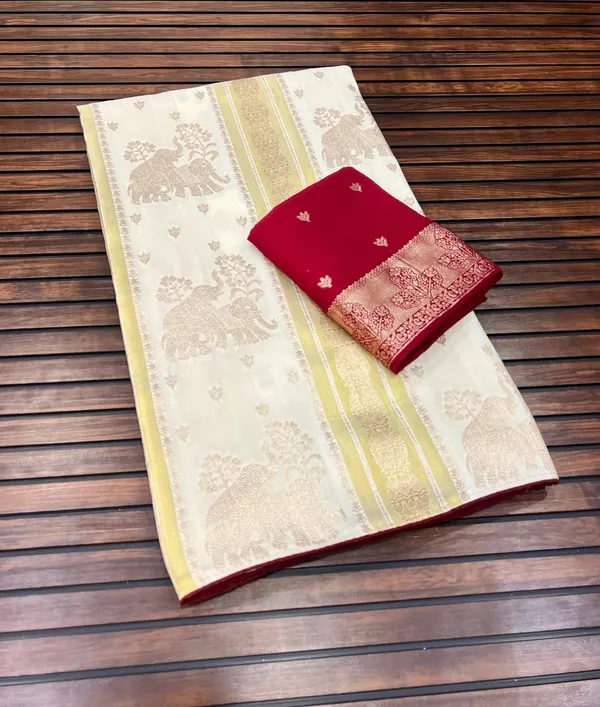 Ivory_Twin_Elephant_Zari_Weave_Chinya_Tisu_Silk_Saree_With_Contrast_Ruby_Red_Unstitched_Blouse