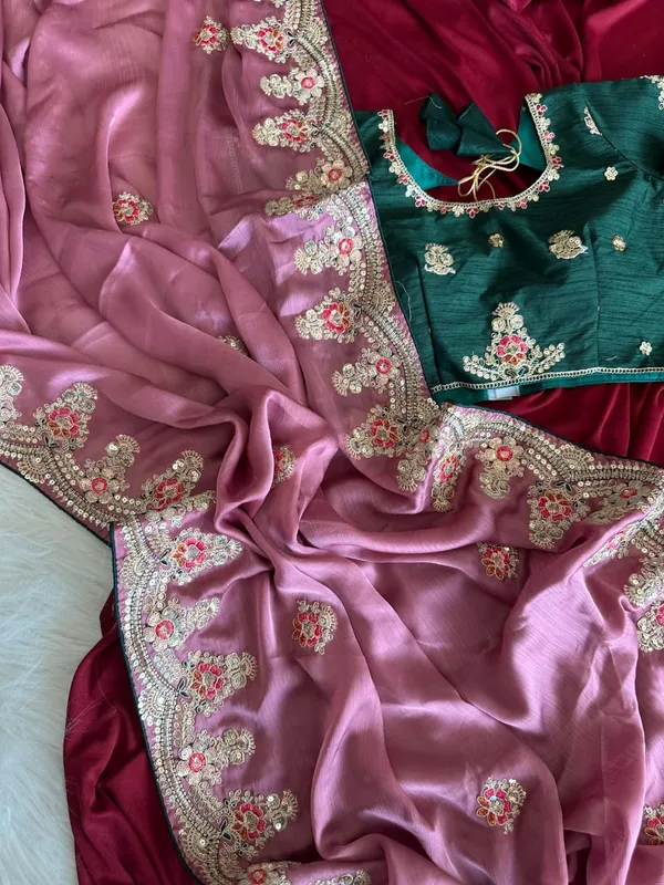 Dusty_Rose_Floral_Embroidered_Fendy_Silk_Saree_With_Sequins_Border_And_Unstitched_Contrast_Blouse
