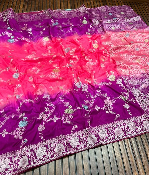 Rani_Pink_Ombre_Floral_Jangla_Banarasi_Khaddi_Viscose_Georgette_Saree_With_Rich_Woven_Pallu_Unstitched_Blouse