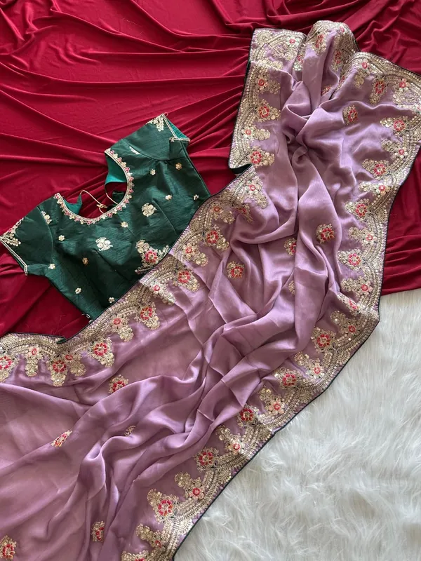 Dusty_Lavender_Floral_Embroidered_Fendy_Silk_Saree_With_Sequins_Border_And_Unstitched_Contrast_Blouse