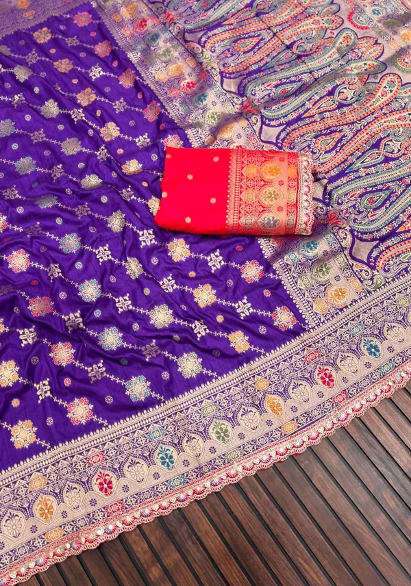 Royal_Purple_Lakhnavi_Meena_Jacquard_Dola_Silk_Saree_With_Contrast_Designer_Blouse_And_Unstitched_Blouse