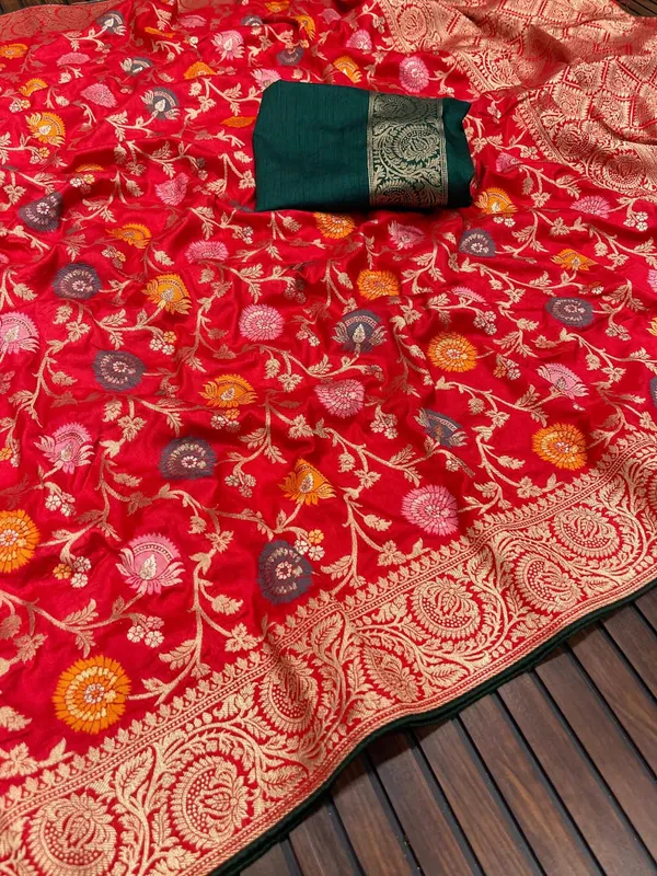 Crimson_Red_Meenakari_Jaal_Viscose_Dola_Silk_Saree_With_Grand_Zari_Border_Unstitched_Contrast_Blouse