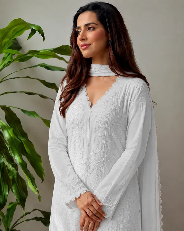 White_Georgette_Chikankari_Embroidery_Kurta_With_Pant_Dupatta_For_Women