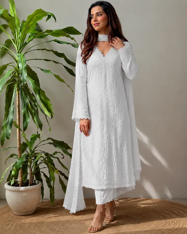 White_Georgette_Chikankari_Embroidery_Kurta_With_Pant_Dupatta_For_Women