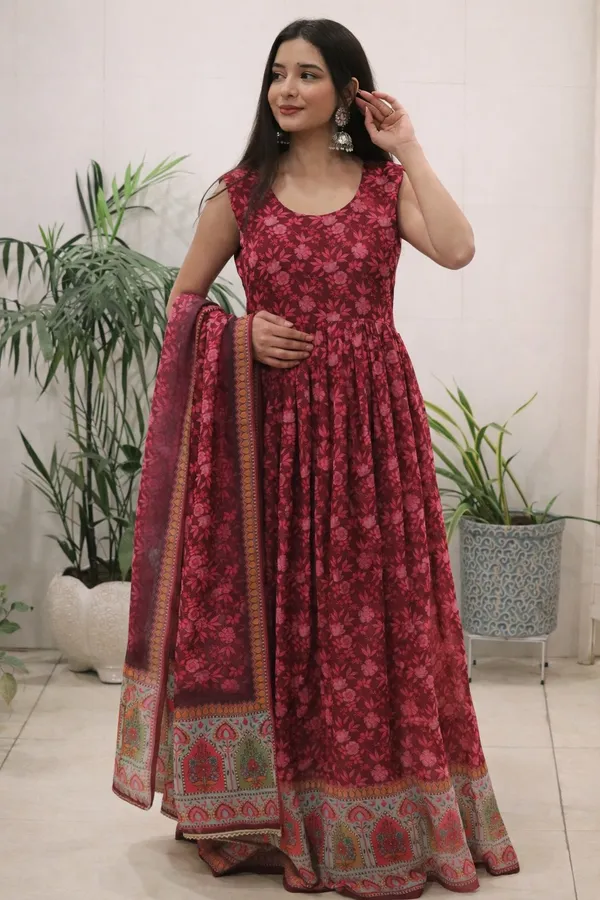 Elegant_Wine_Berry_Floral_Printed_Organza_Silk_Gown_Dupatta_Set_For_Women