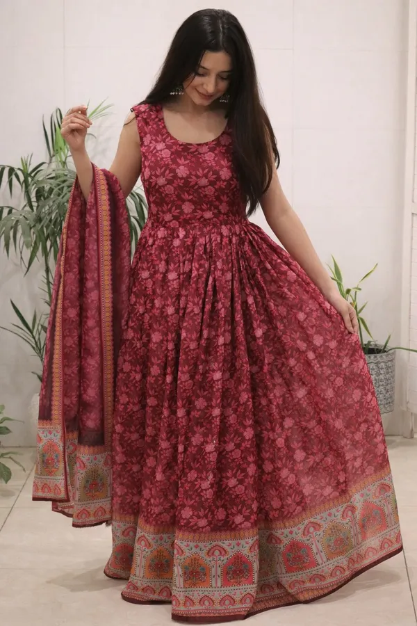 Elegant_Wine_Berry_Floral_Printed_Organza_Silk_Gown_Dupatta_Set_For_Women