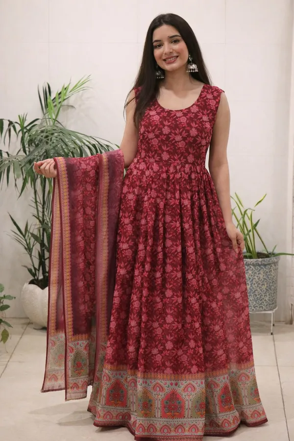 Elegant_Wine_Berry_Floral_Printed_Organza_Silk_Gown_Dupatta_Set_For_Women