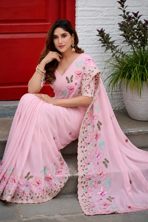 Baby_Pink_Butterfly_Floral_Embroidered_Rangoli_Saree_With_Heavy_Panel_Work_Unstitched_Blouse