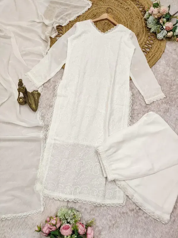 White_Georgette_Chikankari_Embroidery_Kurta_With_Pant_Dupatta_For_Women