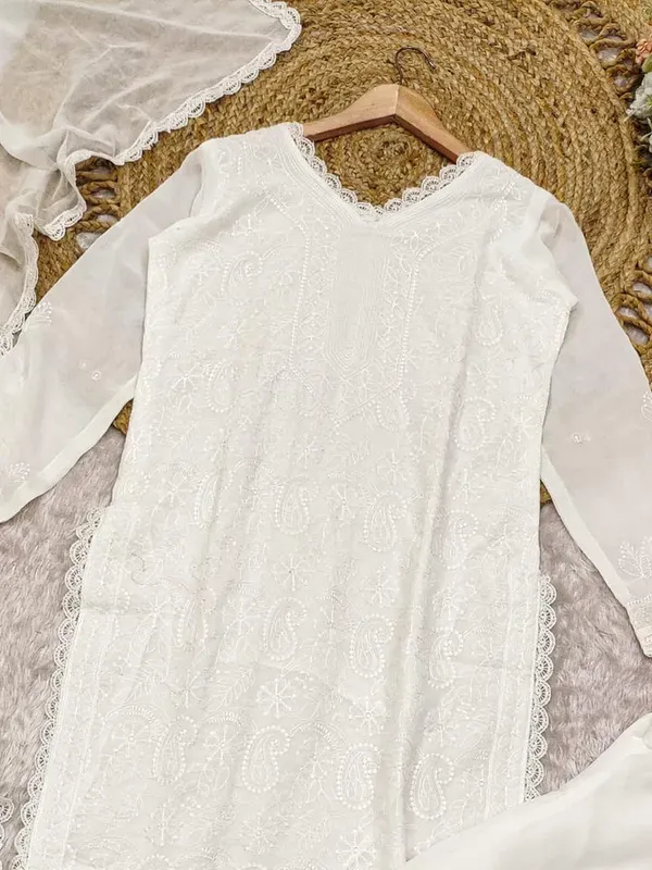 White_Georgette_Chikankari_Embroidery_Kurta_With_Pant_Dupatta_For_Women