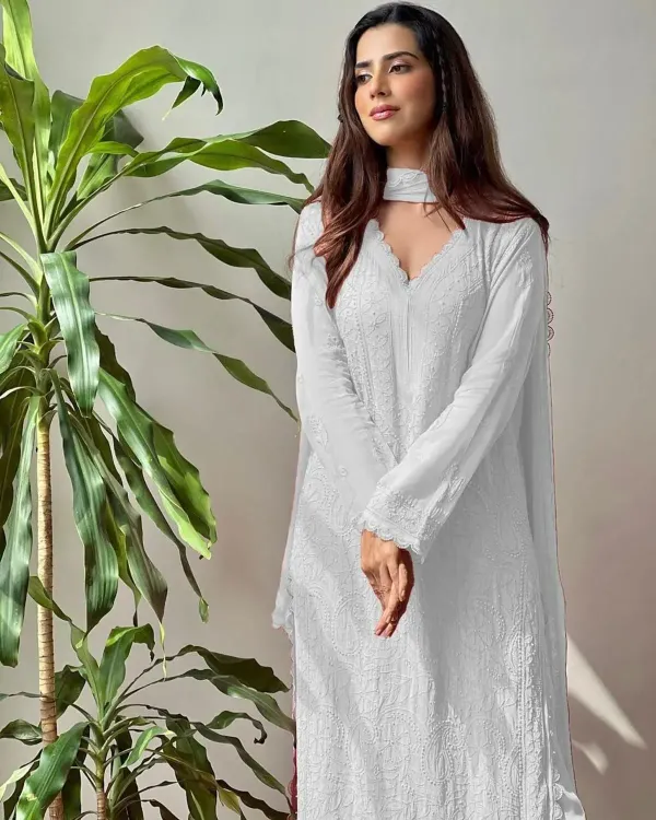 White_Georgette_Chikankari_Embroidery_Kurta_With_Pant_Dupatta_For_Women