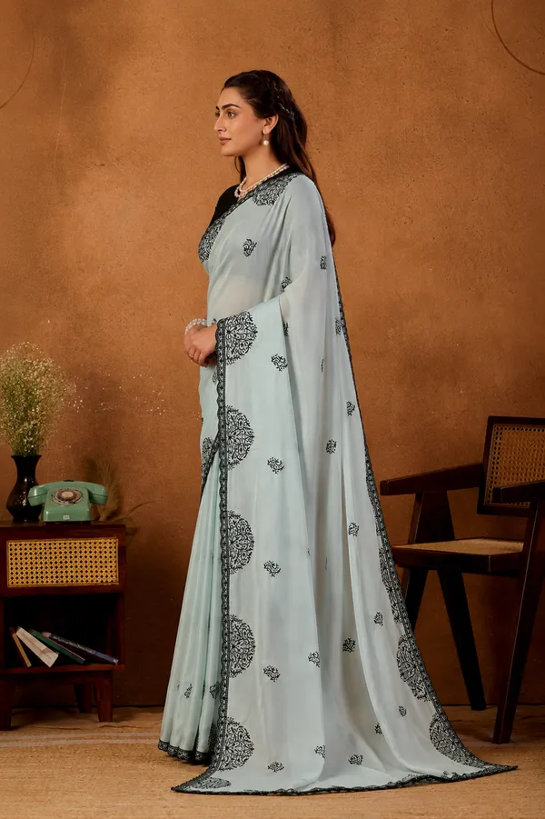 Mint_Green_Mandala_Art_Rangoli_Saree_With_Scallop_Border_Contrast_Unstitched_Blouse