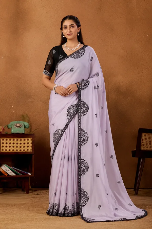 Lilac_Mandala_Art_Embroidered_Rangoli_Saree_With_Scallop_Border_Contrast_Blouse