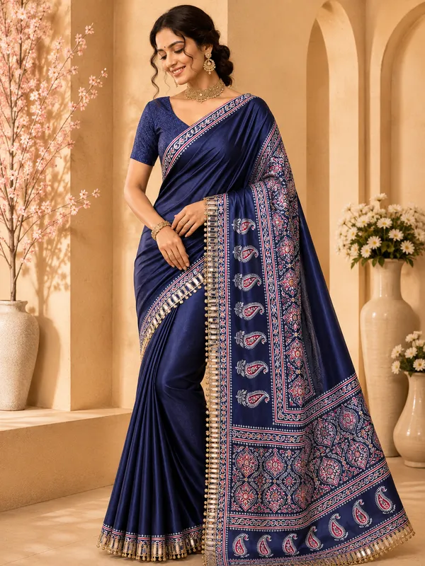 Navy_Blue_Ajrak_Print_Pure_Soft_Crepe_Silk_Saree_With_Mirror_Work_Embellished_Pallu_And_Unstitched_Blouse
